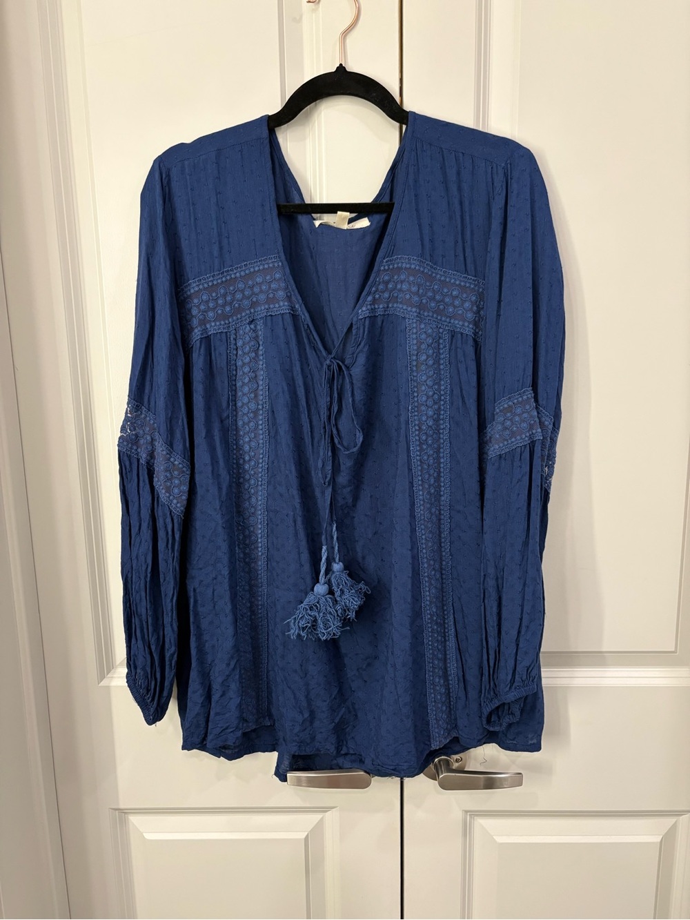 Boho Tassel Peasant Tunic Top in Blue